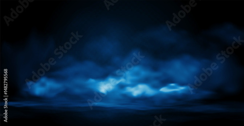Mystery dark background with smoke effect. Banner with thick fog or steam with neon blue glow above water surface. Backdrop with smog or clouds. Realistic 3D vector illustration