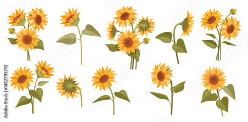 Summer sunflowers set. Beautiful botanical stickers with single sunflowers and bouquets of blooming wild flowers. Plant icons. Cartoon flat vector illustration collection