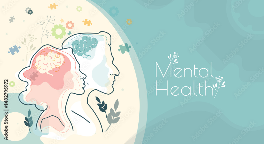 Fototapeta premium Mental Health Banner. Background or poster with silhouettes of people surrounded by puzzle pieces and blooming flowers. Caring for mind. Flat hand drawn vector illustration