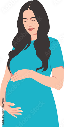 Long haired pregnant woman with hands on belly