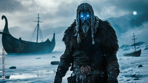 Viking warrior with glowing eyes walks on mystical nordic shoreline