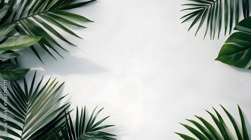 Obraz premium Soft shadows from palm leaves on a light grey background, evoking a relaxing tropical spa vibe.