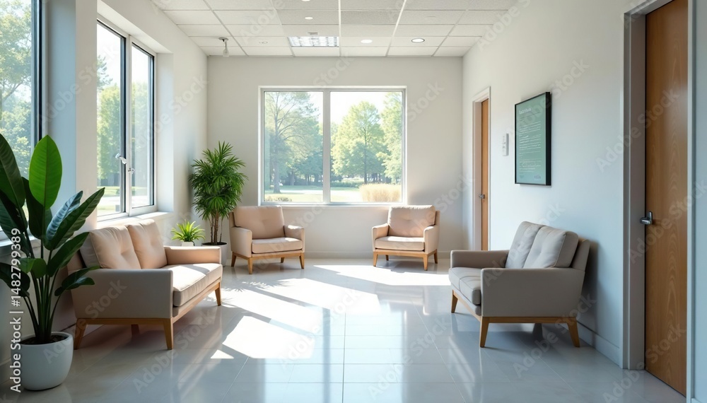 Fototapeta premium A clean, modern doctor's office waiting area with comfortable seating and natural light , laminate, doctor's office