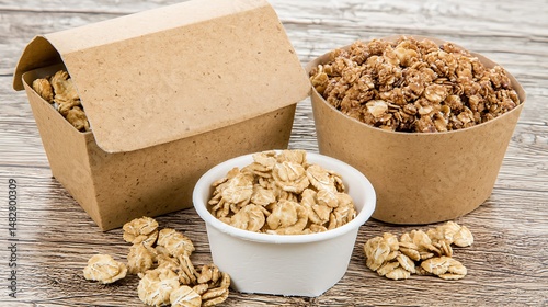 Close-up of Granola and Oats in Eco-Friendly Containers on Woode