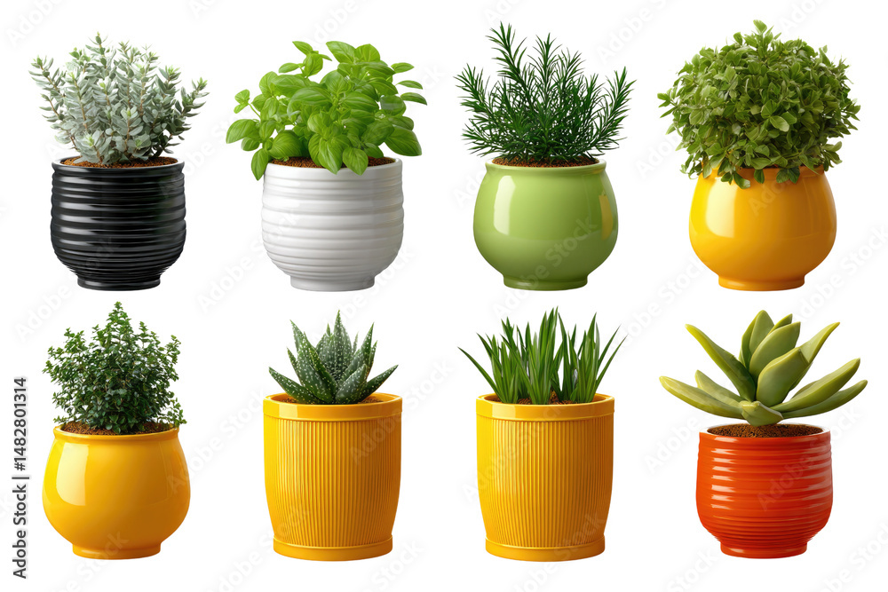 Fototapeta premium Vibrant Potted Plants Collection: A captivating composition of eight diverse potted plants in a delightful array of colors, each exuding freshness and natural beauty.