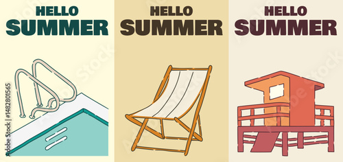 Retro summer illustration set featuring pool ladder, beach chair, and lifeguard tower with bold colors and vintage style.