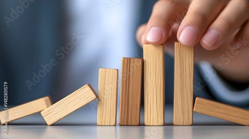 Hand stopping dominoes to maintain control in a chaotic situation