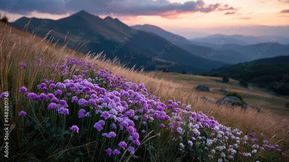Obraz premium Blowing in the wind through dreamy grass and flower field concept. A scenic view of blooming flowers against a mountain backdrop.