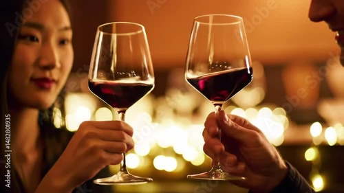 Couple Toasting Wine Glasses Foreground Bokeh Fairy Lights Romantic Dinner