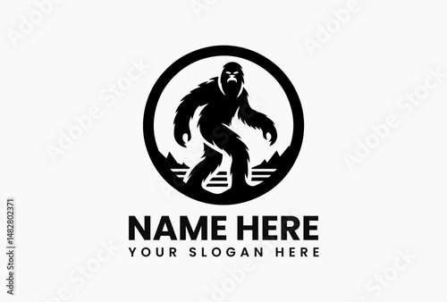 Simple vector outline of legendary Bigfoot walking in monochrome silhouette. Mythical beast logo design  