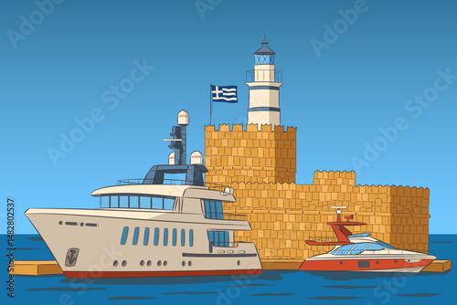 Mandraki Harbor Lighthouse Rhodes Greece