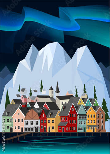 Nordic Fjord Village with Aurora Borealis - Flat Design Landscape