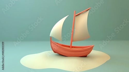 Cartoonish Coral Boat with White Sails on a Sandy Island