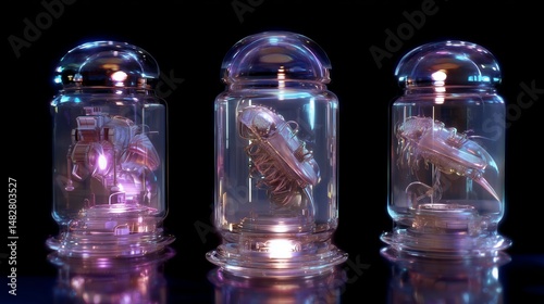 Futuristic glass containers displaying intricate robotic creatures in a dark setting with soft lighting