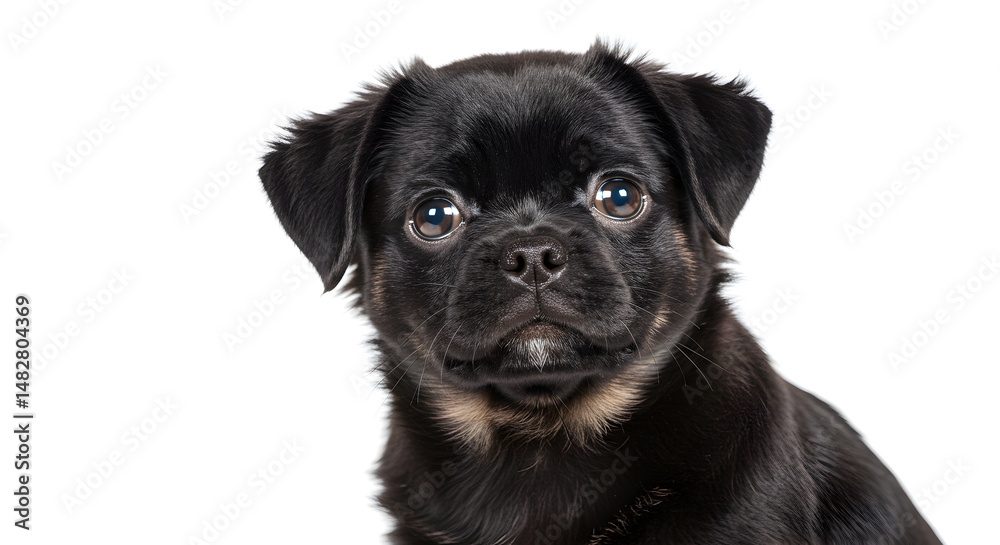 Naklejka premium Adorable Black Puppy Portrait Against White Background with Light Brown Patches and Focused Gaze