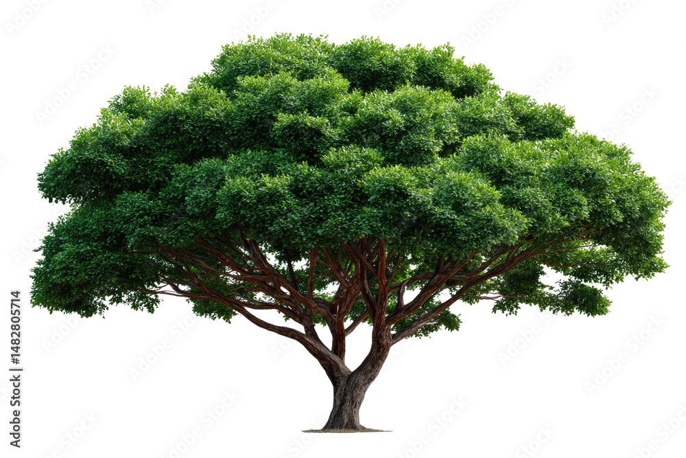 Obraz premium Majestic Tree's Solitude: A sturdy tree with a vast, verdant crown stands alone, its gnarled trunk and branches reaching towards the sky, presenting the elegance and nature's beauty.