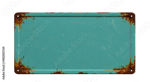 Aged Teal Metal Sign With Rusty Corners and Edges On White Background With Blank Space