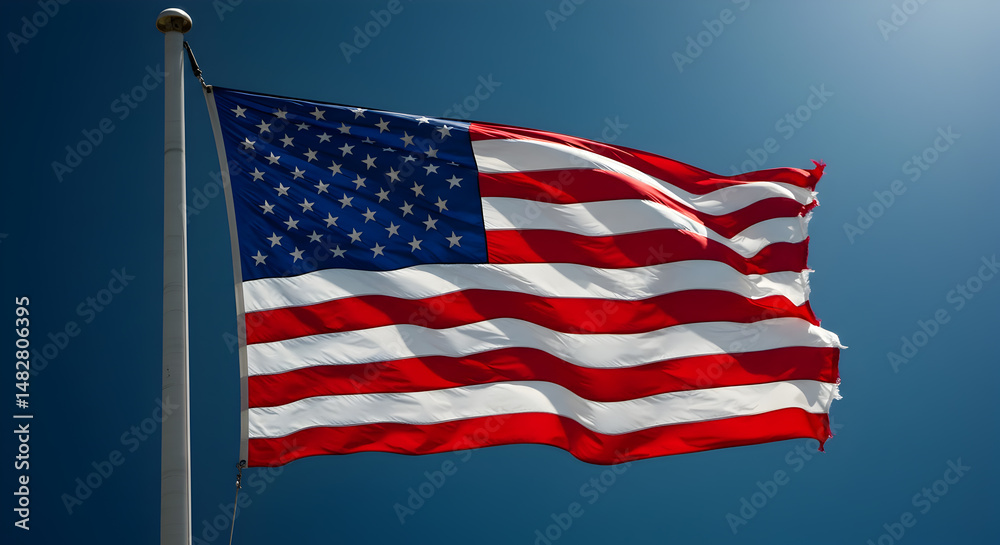 Obraz premium American Flag Waving Proudly Against A Bright Blue Sky Representing National Pride and Freedom