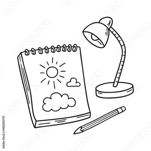 A table lamp beside a lying pencil on sketchbook with sun cloud bird sketches