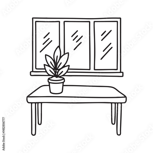 A table holding a potted plant near a sunny window