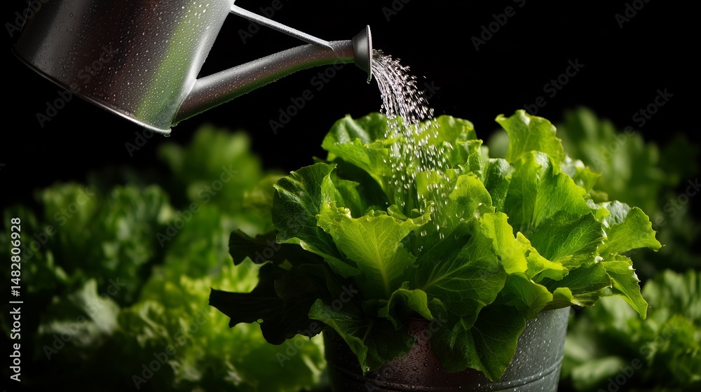 Watering fresh lettuce in a gardening setting for healthy growth and nutrition