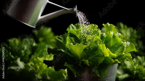 Obraz na płótnie Watering fresh lettuce in a gardening setting for healthy growth and nutrition w salonie