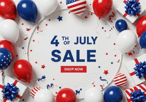 4th of July sale with red, white, and blue balloons and decorations  