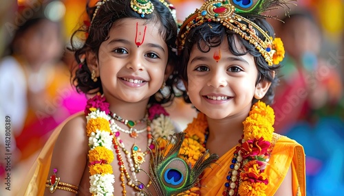 Two Smiling Children Dressed as Krishna with Peacock Feathers an
