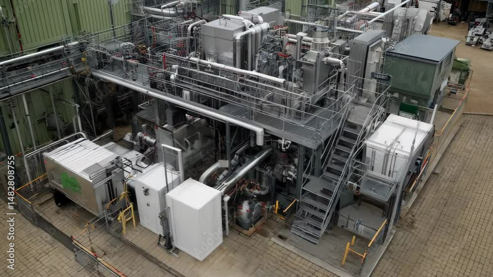 Industrial plant with metal pipelines, platforms, stairs, and machinery generating energy with containers, facility for power generation Industrial plant with metal pipelines, platforms, stairs, and machinery generating energy with containers, facility for power generation