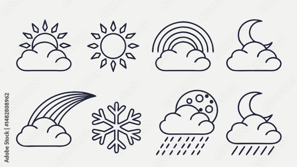 weather icons. Weather line icon set. Sun, rain, thunder storm, dew, wind, snow cloud, sky, clouds, snowflake, wind, rainbow, moon Editable Stroke vector illustrations weather icons. Weather line icon set. Sun, rain, thunder storm, dew, wind, snow cloud, sky, clouds, snowflake, wind, rainbow, moon Editable Stroke vector illustrations