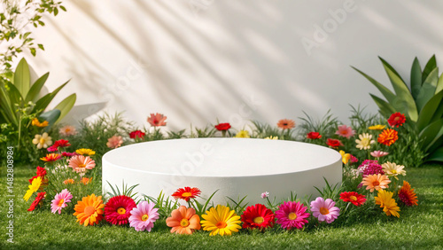 Product Display Podium Surrounded by Colorful Spring Flowers in Natural Sunlight
