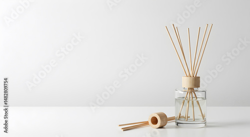 Aroma Diffuser With Wooden Sticks And Glass Bottle On White Surface And Background