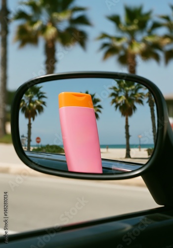 Sunscreen reflection in car mirror with palm trees in the background