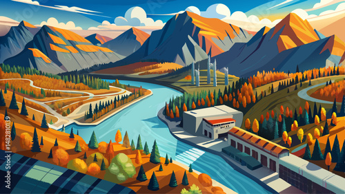 Aerial view of Bow river in autumn. Canmore, Alberta, Canada. Hydroelectric power plants above Town of Canmore in the Canadian Rockies.