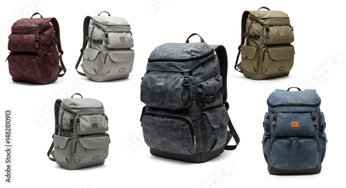 Assorted Backpacks in Various Colors on White Background Showcasing Patterned Designs for Travel and Utility