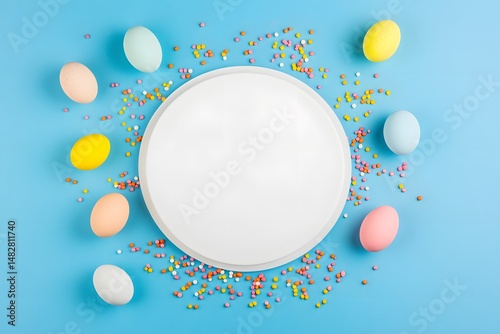 Top View of Festive Easter Composition Featuring Multicolored Eggs and Fresh Spring Blossoms on Rustic Surface easter eggs on a white background