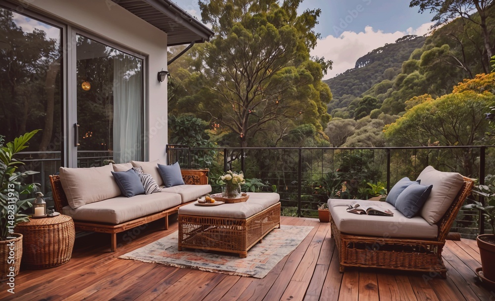 Wooden deck with a view of the mountains. The deck is furnished with a couch, two chairs, and a coffee table. The chairs are covered in pillows and the coffee table has a vase on it Wooden deck with a view of the mountains. The deck is furnished with a couch, two chairs, and a coffee table. The chairs are covered in pillows and the coffee table has a vase on it