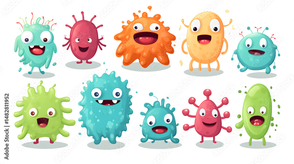 Obraz premium Education illustration of colorful cartoon bacteria for biology classes and science projects