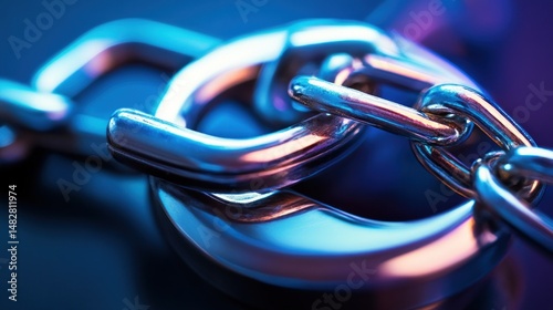 Close-up view of a metallic chain link with vibrant lighting.