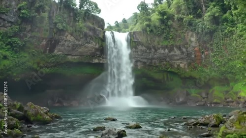 Crane Shot Revealing Hidden Waterfall in Lush Green Rainforest Valley