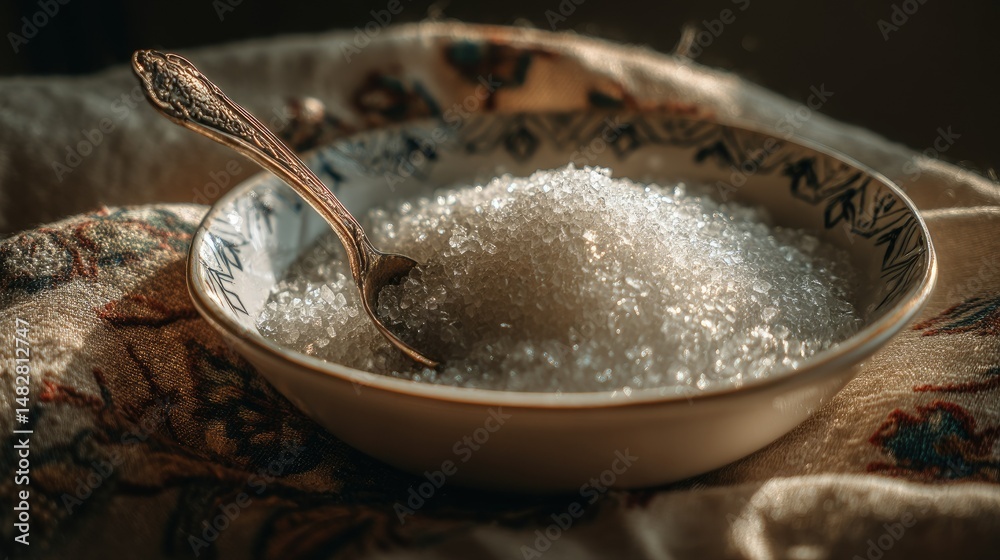 Fototapeta premium Detailed image of sugar crystals in a white ceramic bowl with vintage spoon and warm kitchen lighting