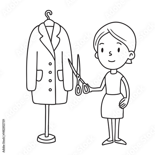 A tailor holding scissors beside a hanging coat on rack