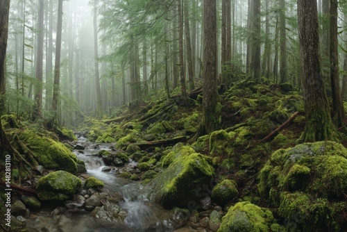 Misty Rainforest Pathway with Moss - Covered Rocks and Tall Trees