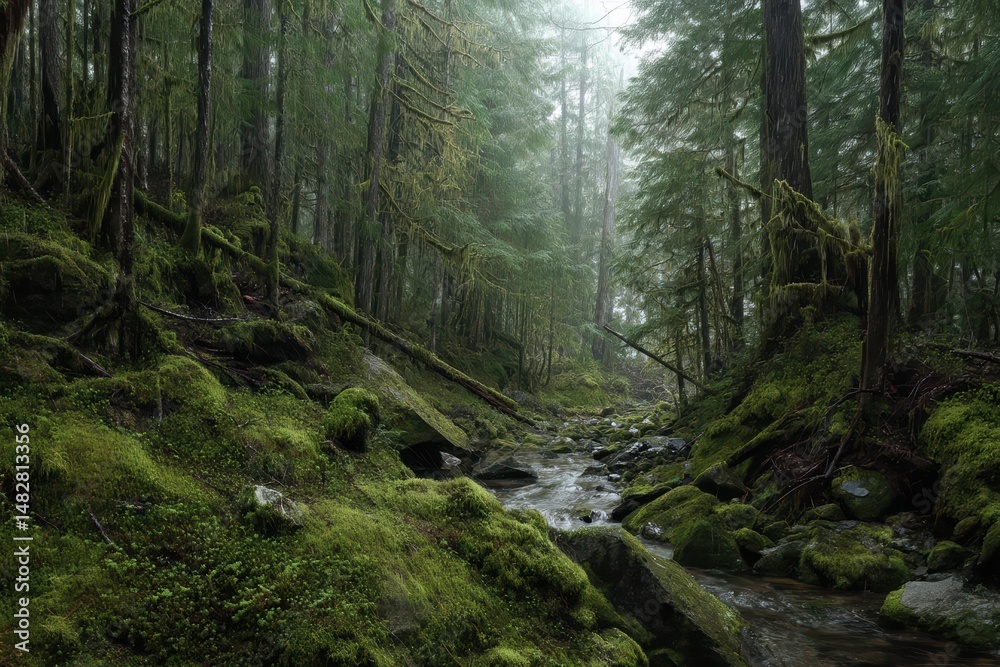 Fototapeta premium Serene temperate rainforest with misty morning light, moss-covered rocks and babbling brook under ancient trees