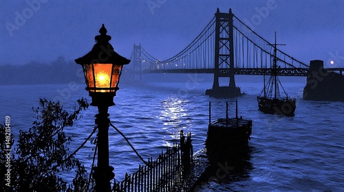 Illuminated Lamp Post Overlooking Bridge and Boats at Dusk, Mood