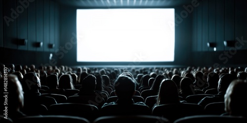 Audience watching blank white screen in a dark cinema movie theater.