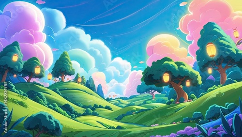 Enchanting Lantern Lit Hillscape Under Dreamy Clouds