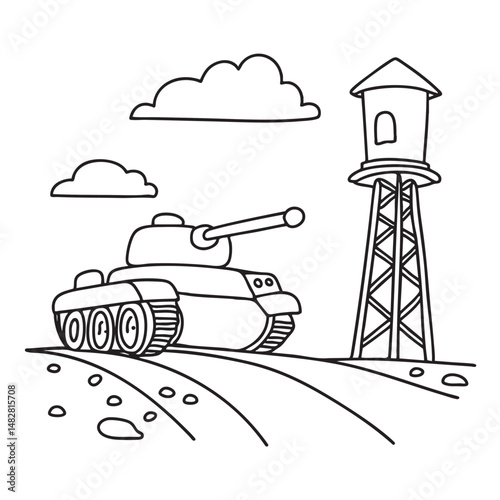 A tank passing a watchtower on a gravel road