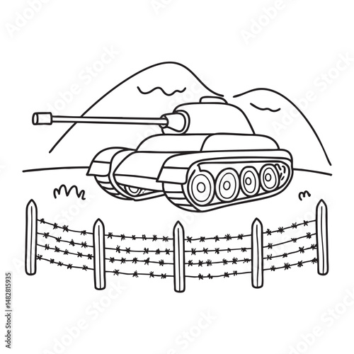 A tank stationed near a barbed wire fence in open land