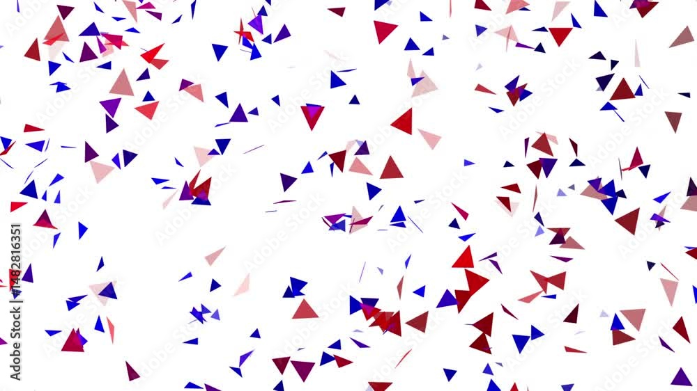 Bunter Konfetti Regen vor weißem Hintergrund, blauen, rosa Dreiecken auf weißem Hintergrund. Festliches Design für Feier, Party, Event-Einladungen, Grußkarten.